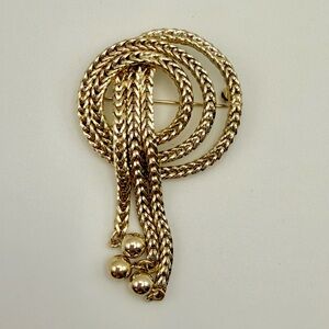 Unbranded-Vintage-Textured Rope Dangle Brooch Pin-Gold Tone-EUC